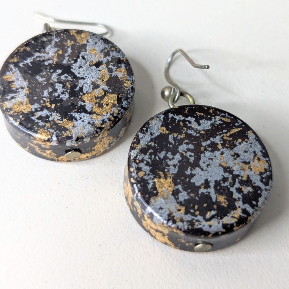 Black Silver & Gold Lightweight Lacquer Disc Earrings